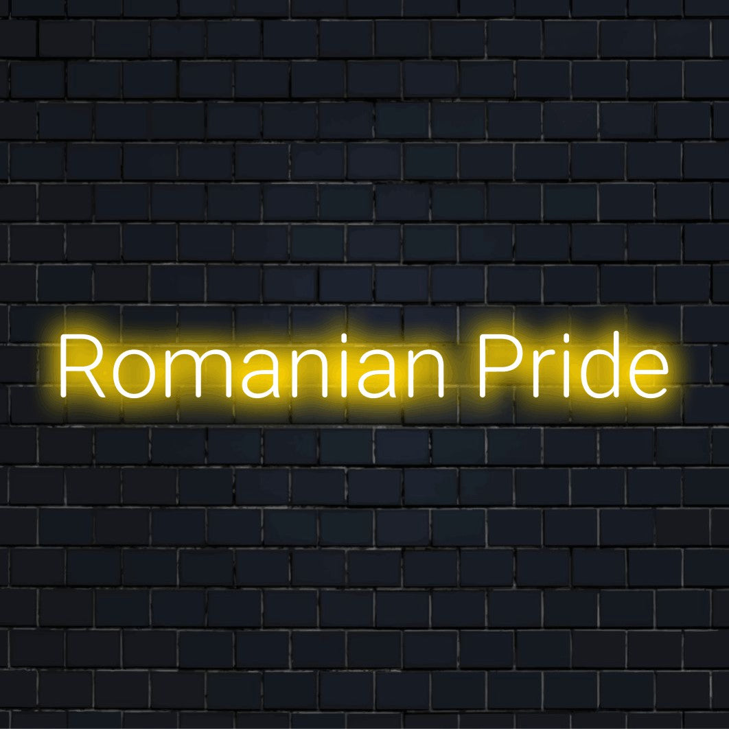 Romanian Pride Neon Light with bright LED glow on dark brick background