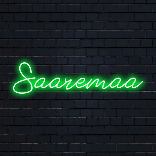 Saaremaa Neon Sign, soft neon glow on black brick background
