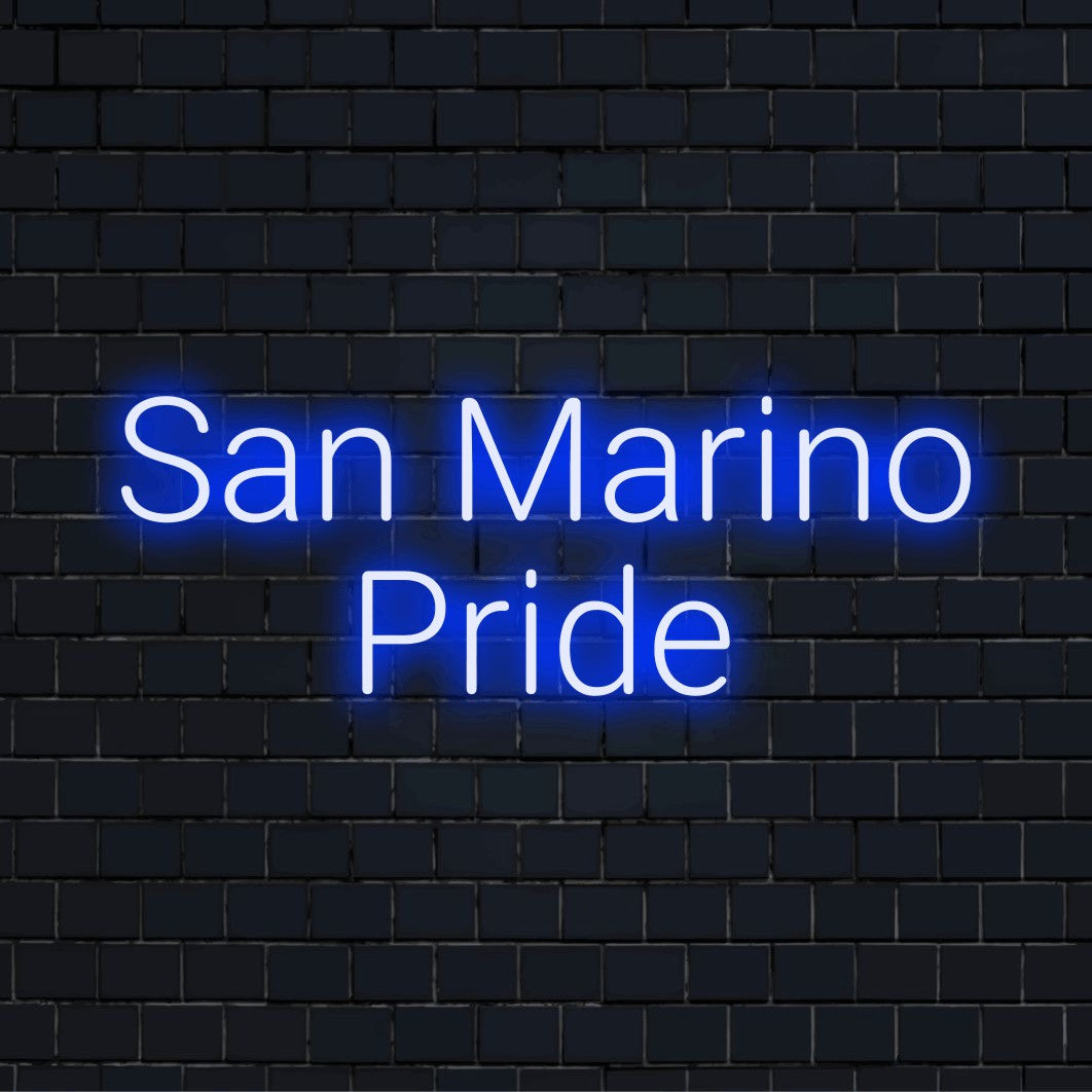 San Marino Pride LED Neon Sign, bright neon glow against brick backdrop