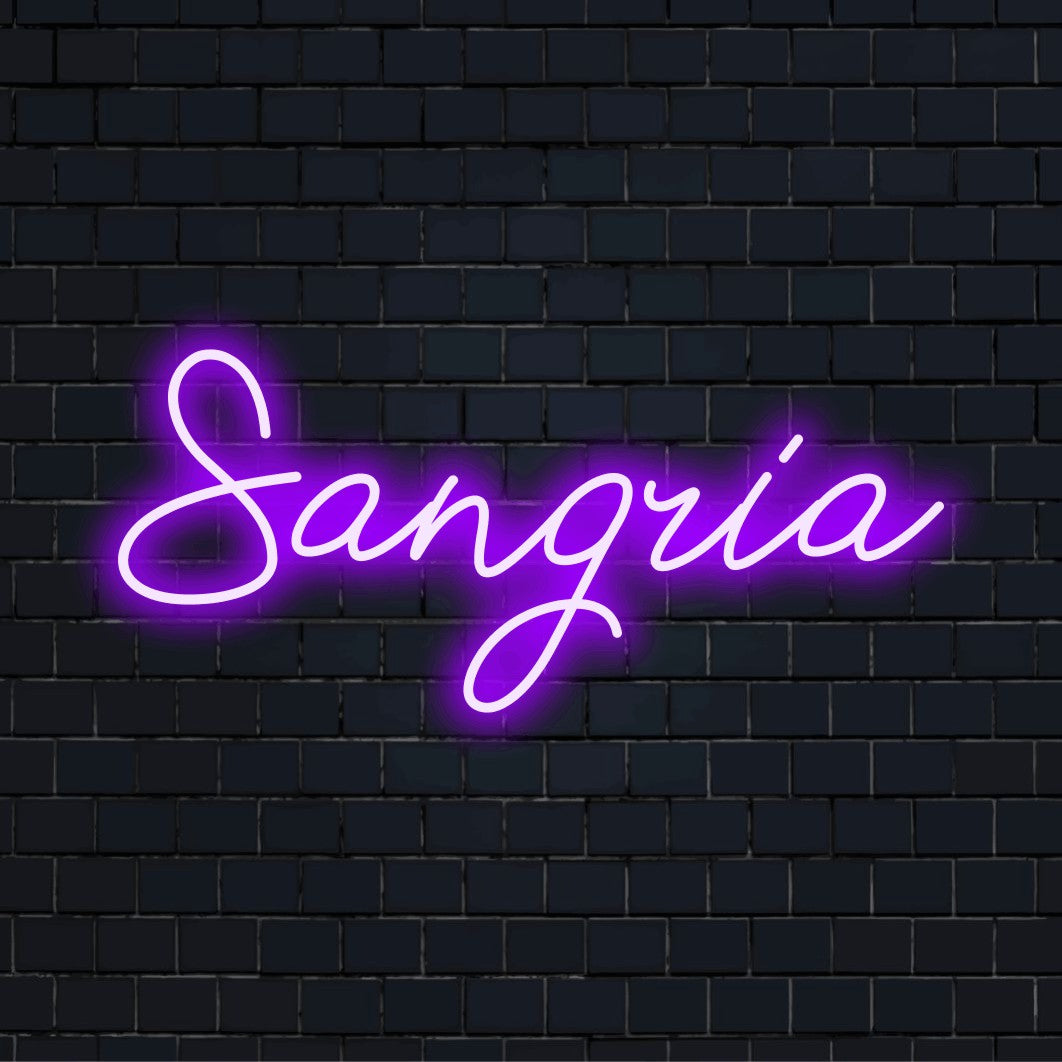 Sangria Neon Sign, glowing wall decor on dark brick wall