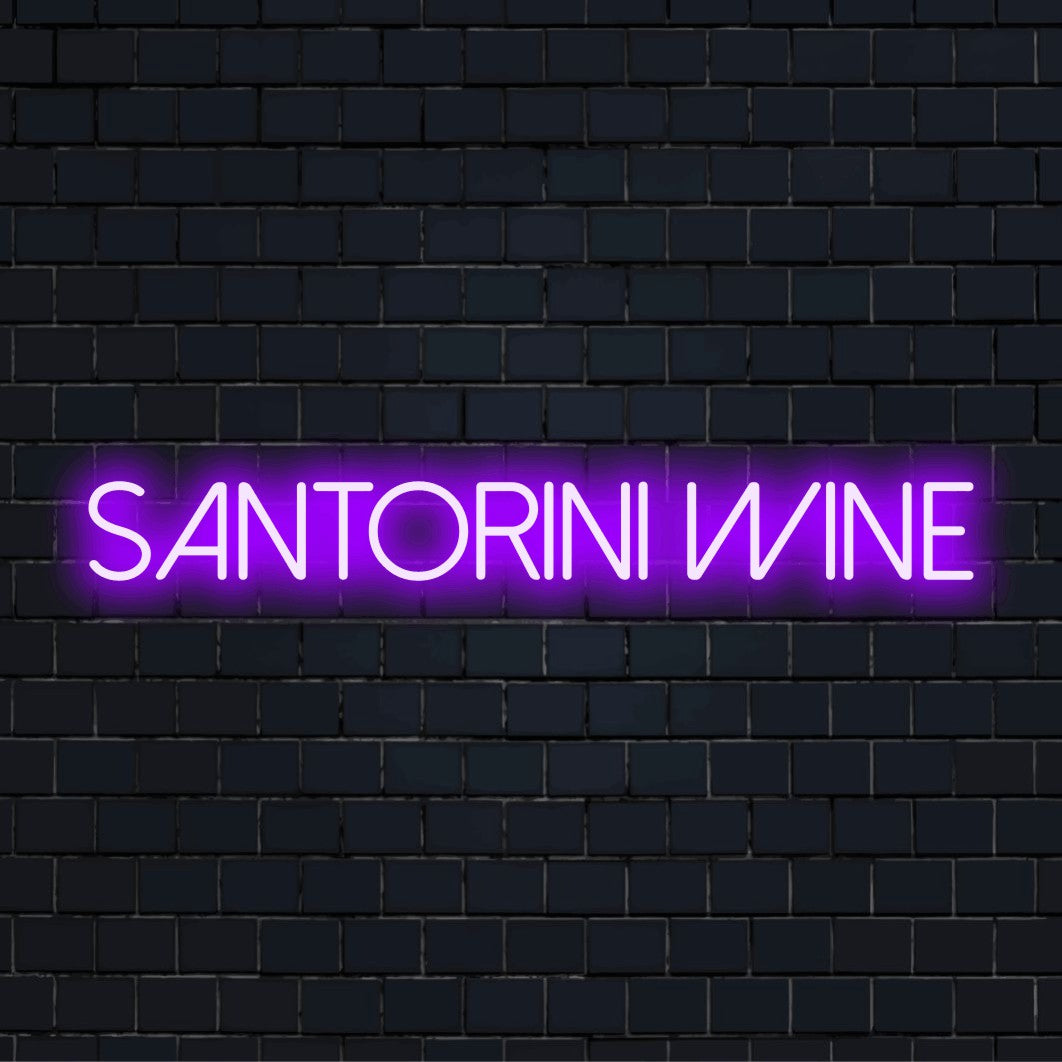 Santorini Wine Neon Light with neon text light on dark brick background