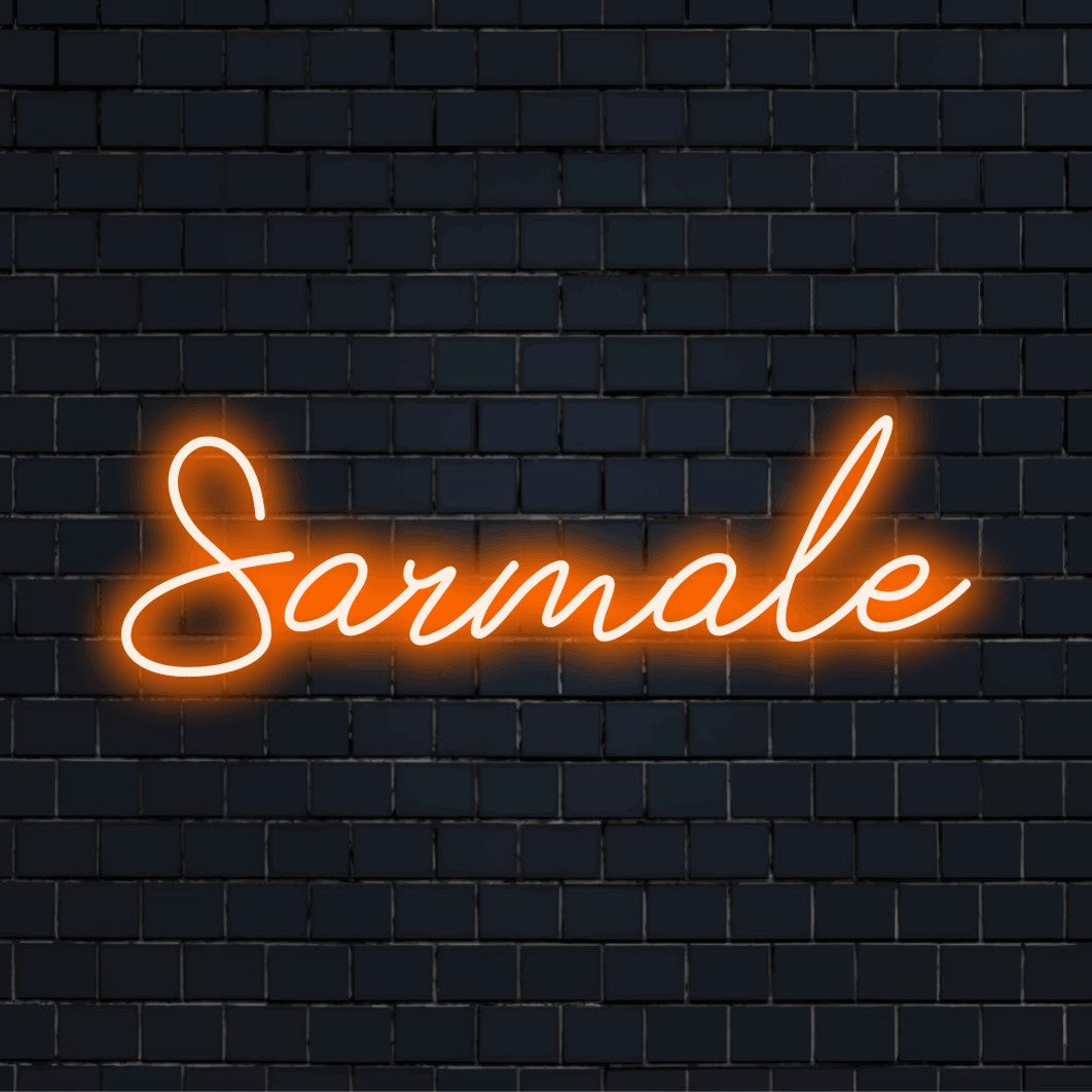 Sarmale Neon Light with bright neon lettering on dark brick background