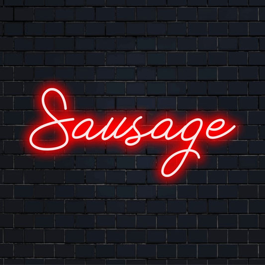 Sausage Neon Light with glowing wall decor on dark brick background