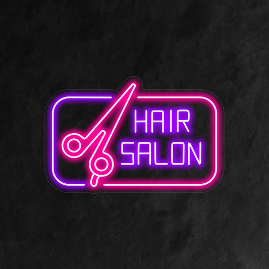 A captivating neon sign featuring a pair of scissors and the words 'Hair Salon' in stylish and bold letters.