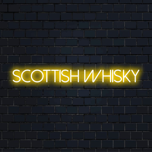 Scottish Whisky Neon Sign, glowing lettering against black brick wall
