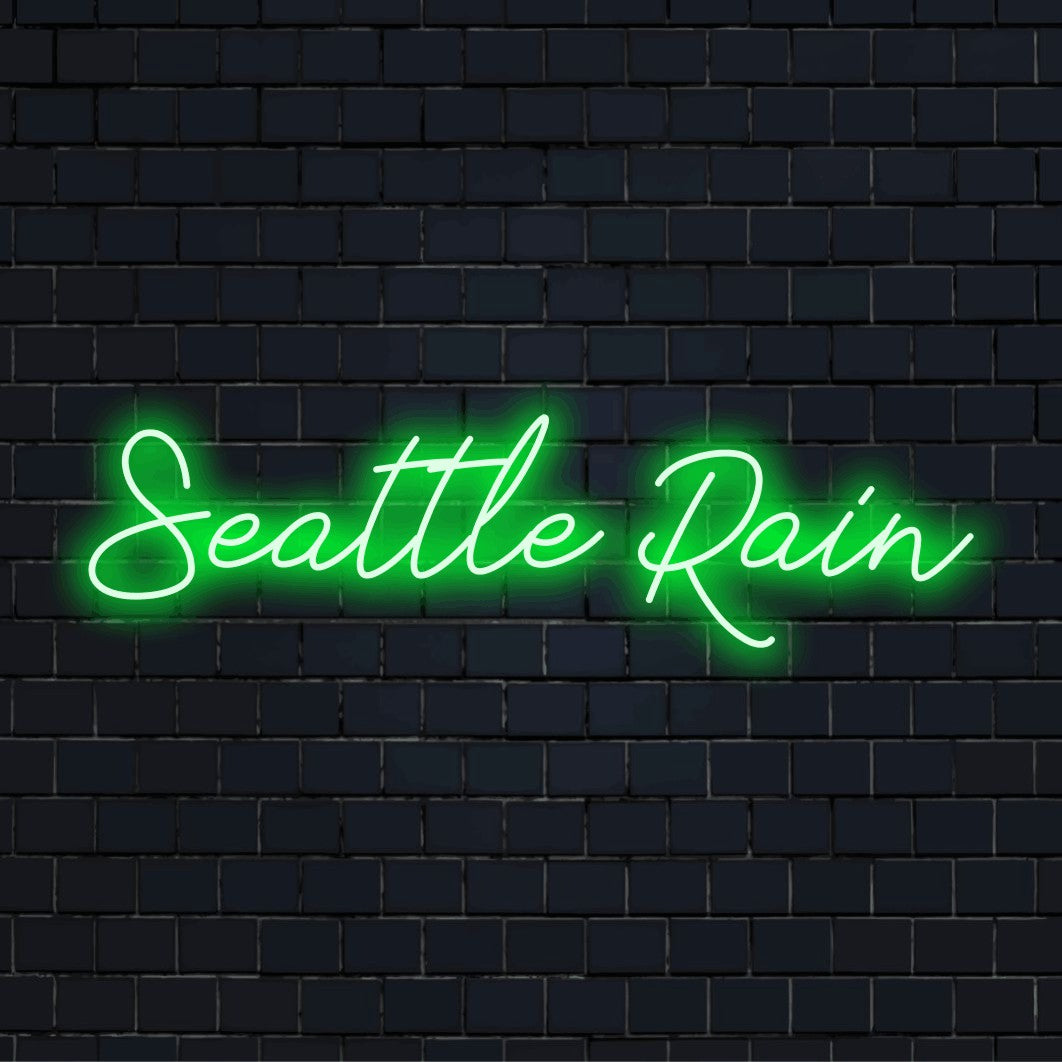 Seattle Rain Neon Light with bright neon glow against black brick wall