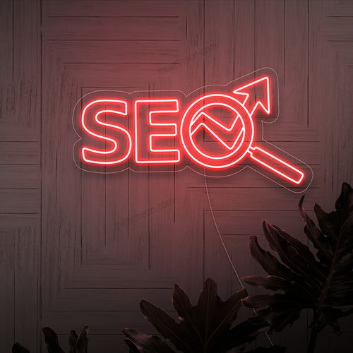 Ręcznie wykonany neon SEO, symbol marketingu cyfrowego i optymalizacji stron internetowych, idealny do dekoracji sklepu internetowego.