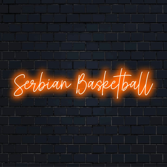 Serbian Basketball Neon Light with glowing wall decor against brick backdrop
