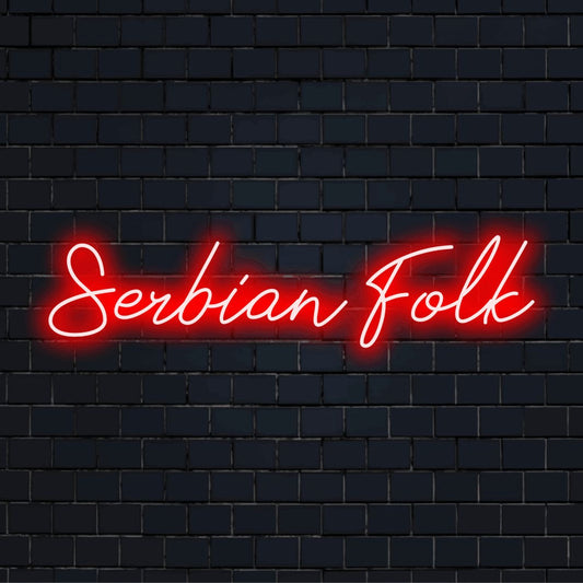 Serbian Folk Neon Sign, bright LED glow on dark brick wall