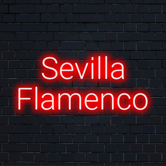 Sevilla Flamenco Neon Sign, glowing wall decor on dark brick background