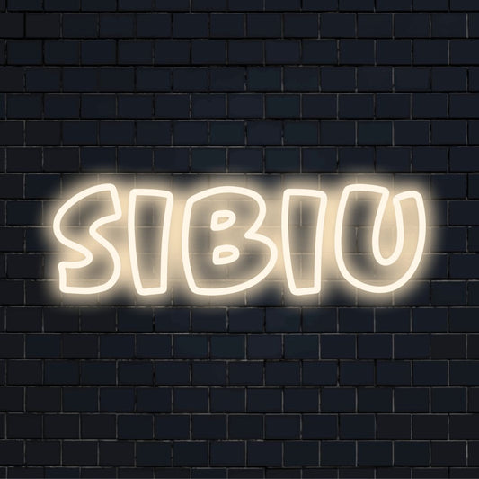 Sibiu Neon Sign, bright LED glow against brick backdrop