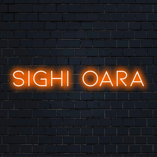 Sighisoara Neon Sign, neon text light on black brick background