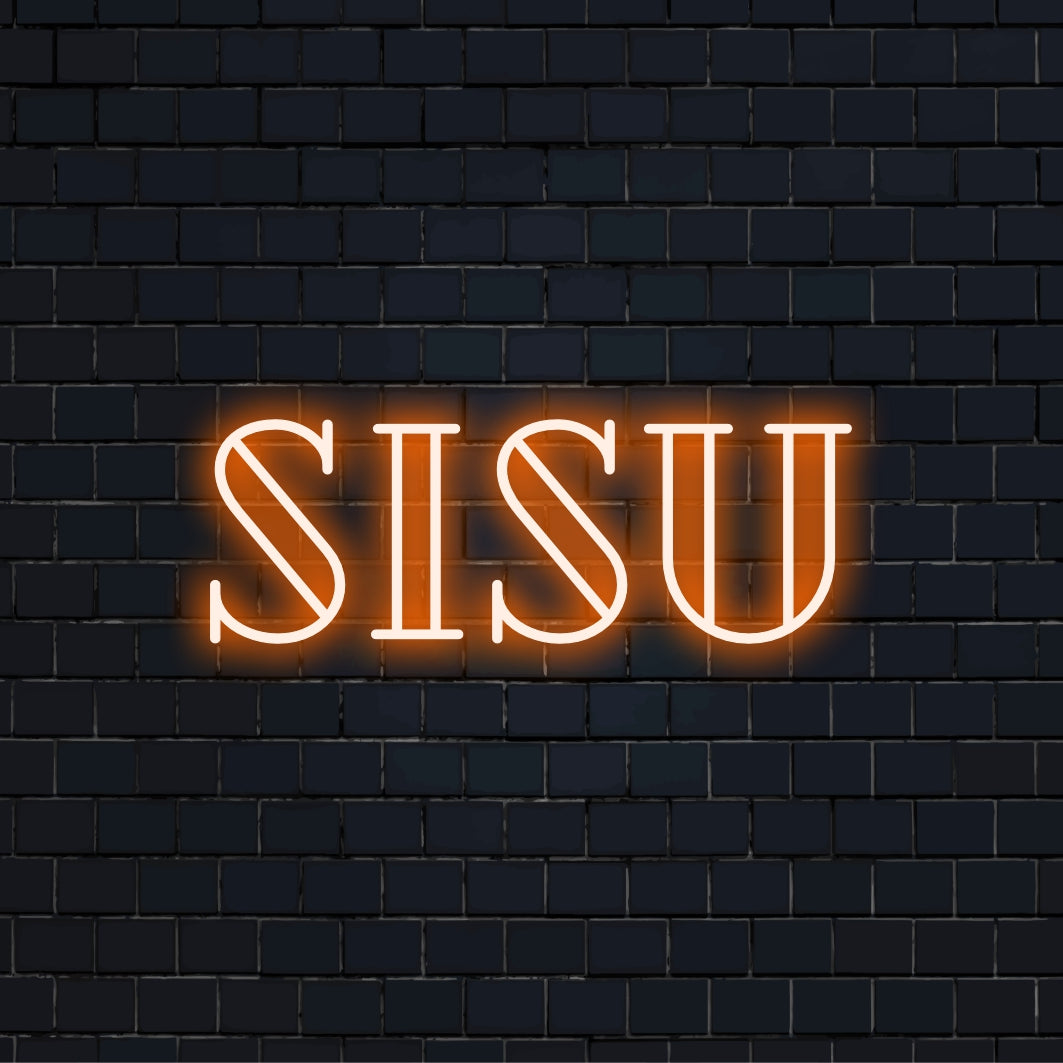 Sisu LED Neon Sign, glowing lettering against black brick wall