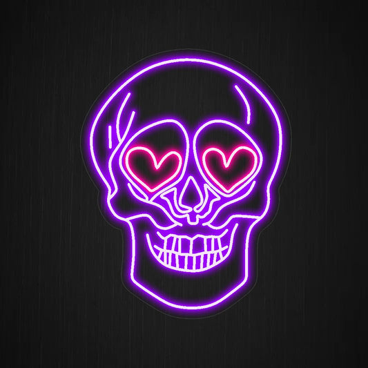 skull with heart eyes neon sign, a unique and romantic addition to alternative or love-themed decor