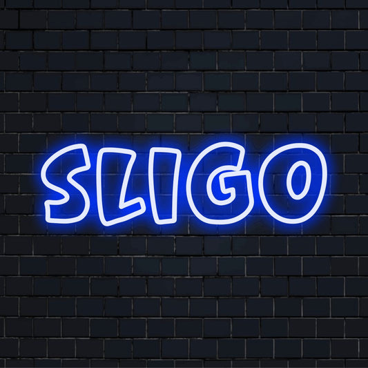 Sligo LED Neon Sign, glowing neon text against brick backdrop
