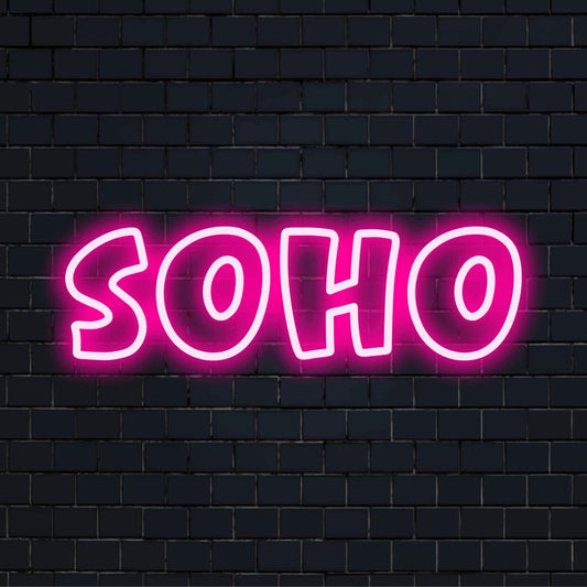 Soho LED Neon Sign, bright LED glow against brick backdrop