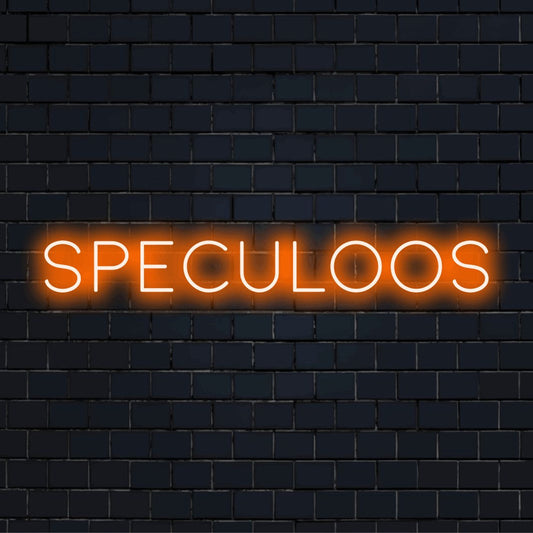 Speculoos Neon Sign, bright LED glow on black brick background