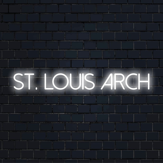 St Louis Arch LED Neon Sign, glowing neon text on black brick background