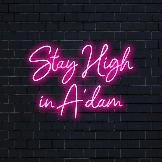 Stay High In A Dam LED Neon Sign, neon text light on black brick background