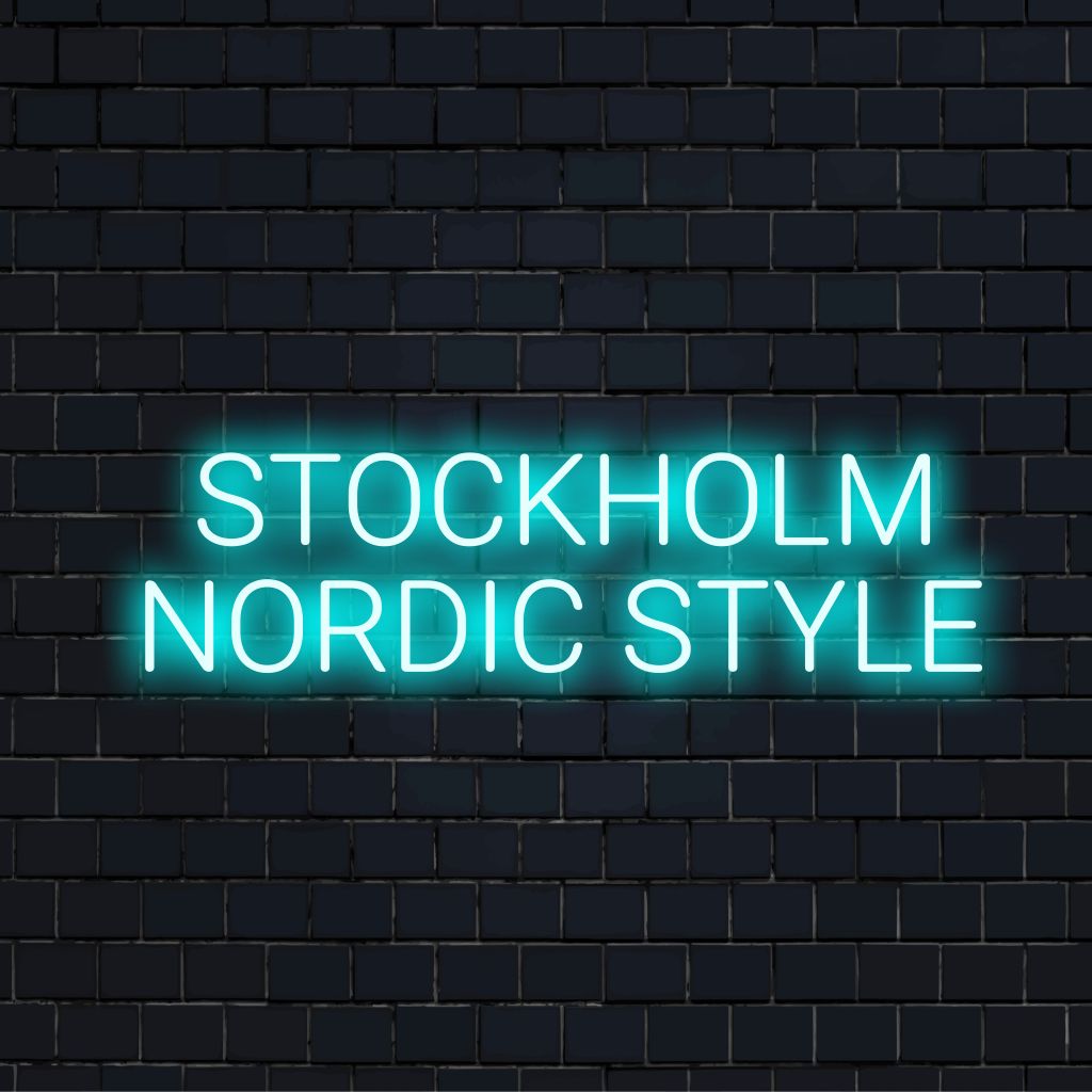Stockholm Nordic Style Neon Sign, glowing wall decor on dark brick background