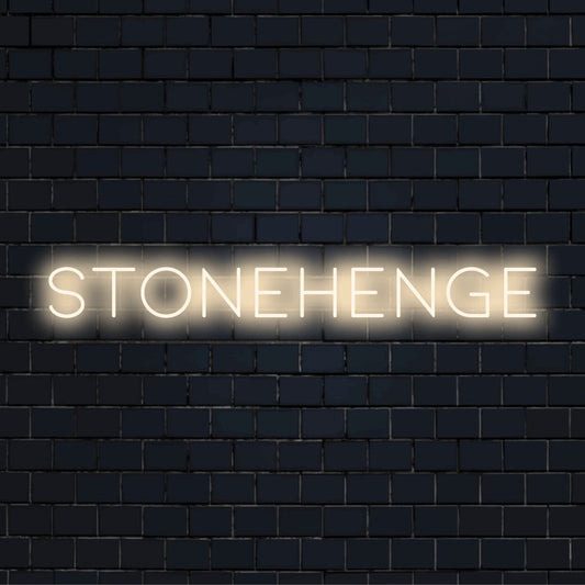 Stonehenge LED Neon Sign, glowing wall decor on dark brick background