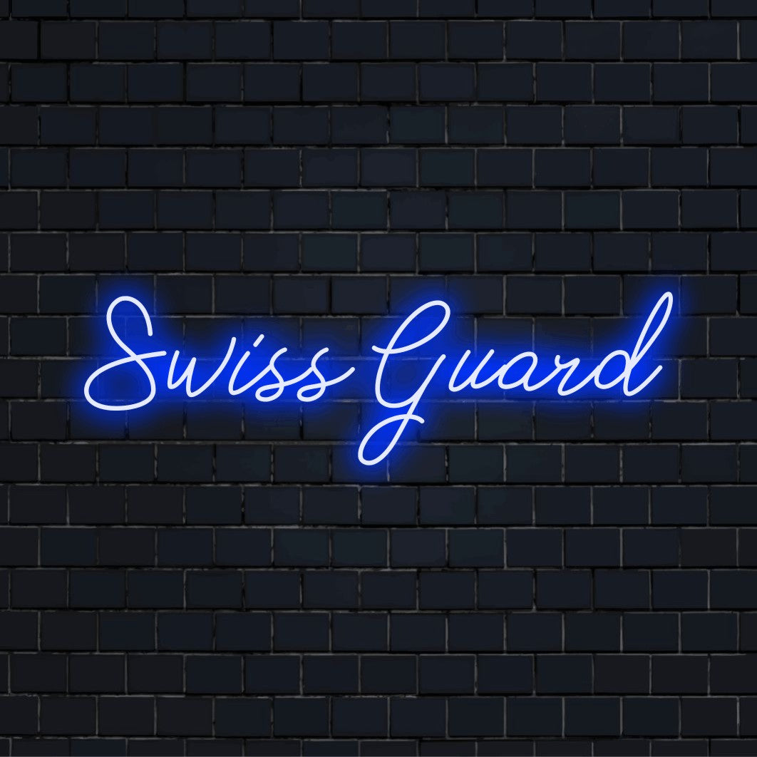 Swiss Guard Neon Light with bright neon glow against brick backdrop