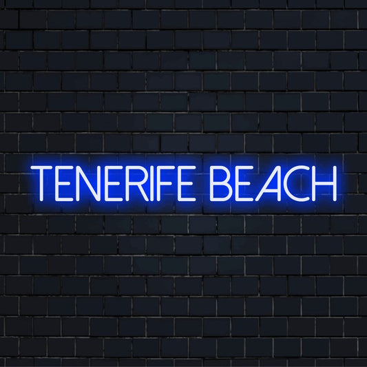 Tenerife Beach Neon Sign, neon text light on dark brick wall