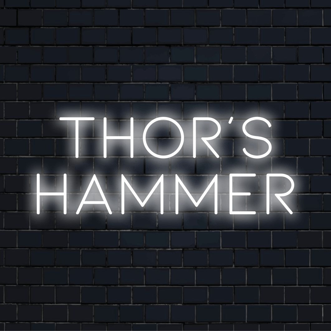 Thor S Hammer LED Neon Sign, soft neon glow on dark brick wall