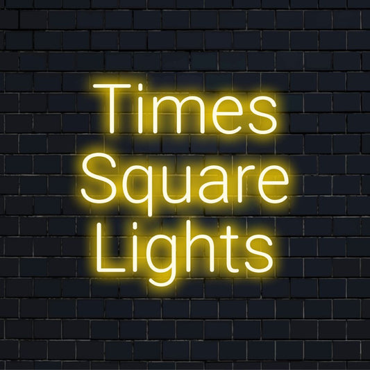 Times Square Lights Neon Sign, glowing wall decor on dark brick background