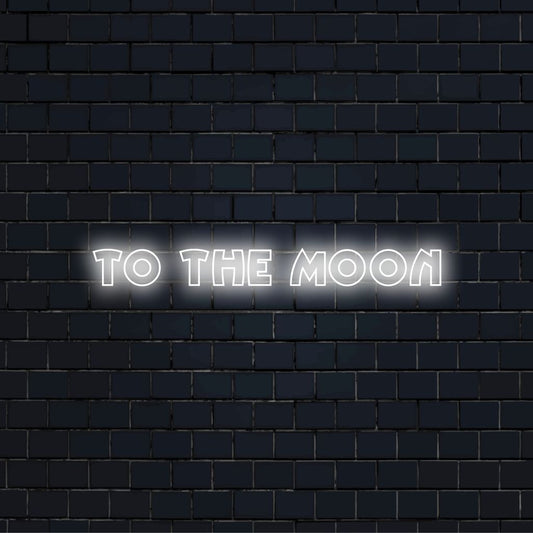 To The Moon Neon Sign, bright neon glow on black brick background