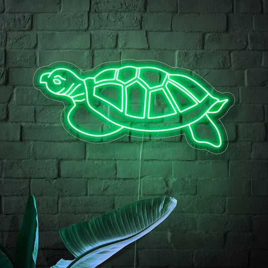 The tortoise neon sign is a nature-themed decor piece, symbolizing slowness and emitting a calm and gentle light.