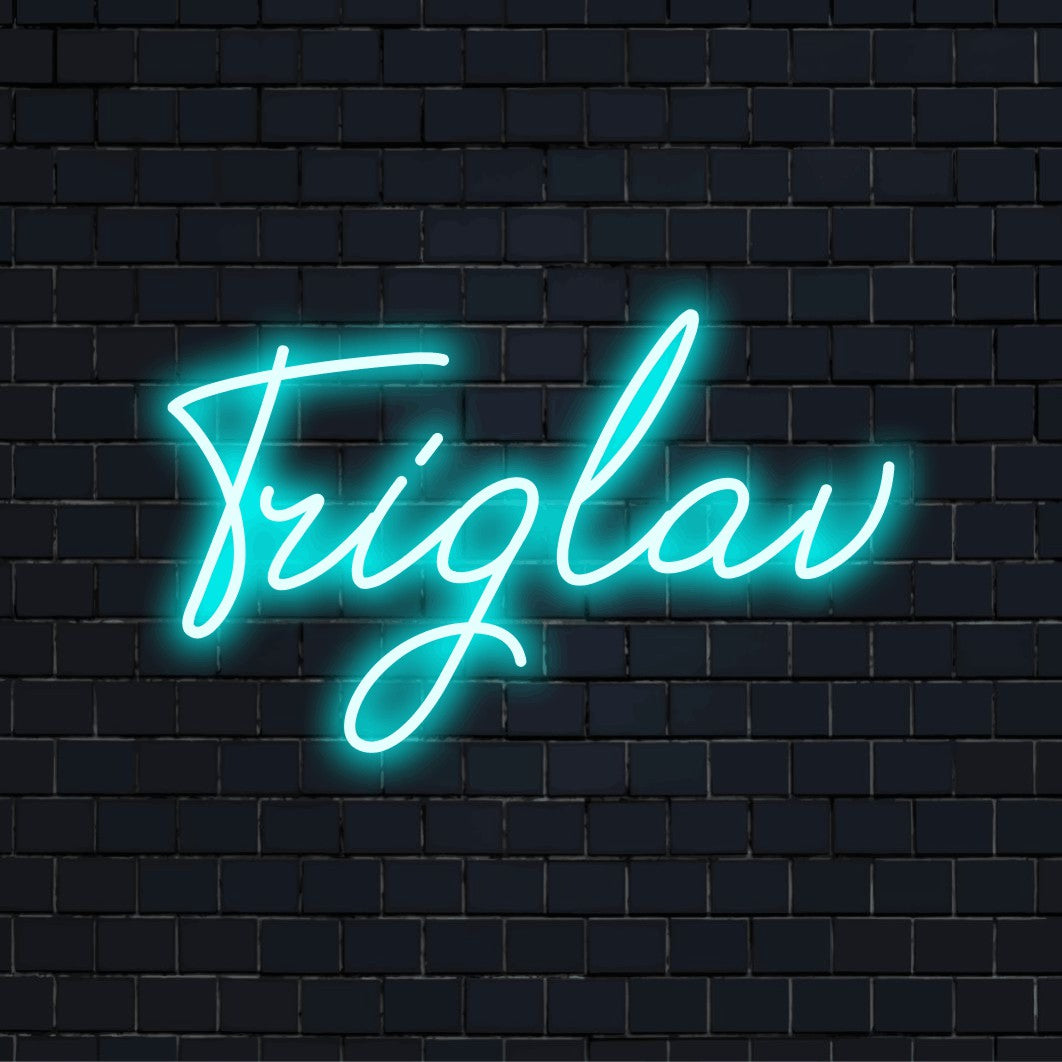 Triglav Neon Sign, glowing lettering on dark brick background