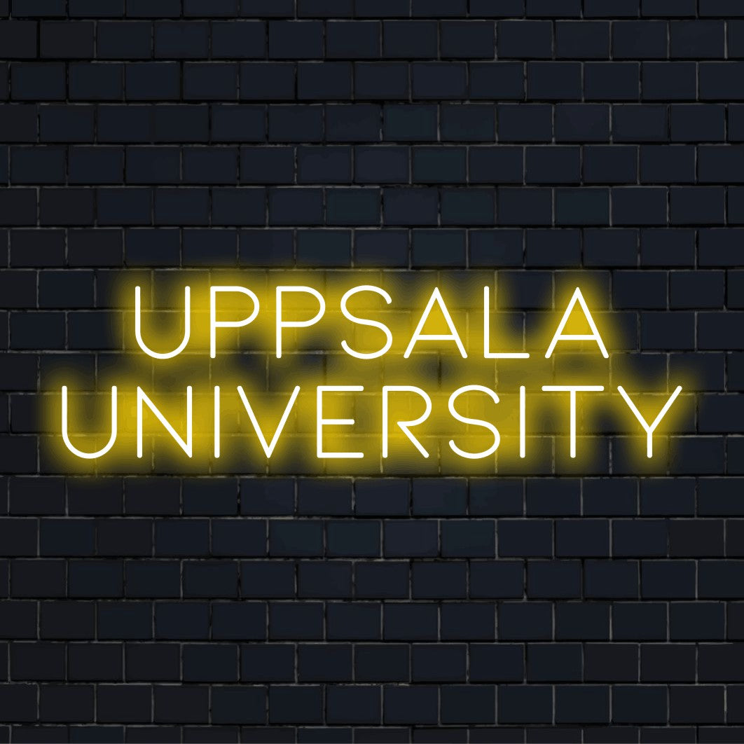 Uppsala University Neon Light with bright neon lettering on dark brick background