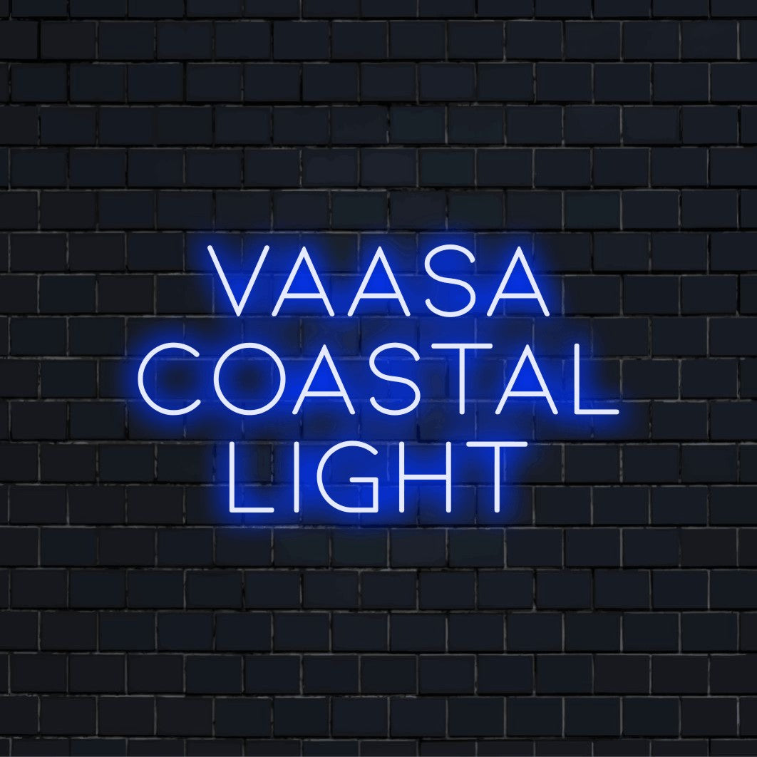 Vaasa Coastal Light LED Neon Sign, bright neon lettering on black brick background