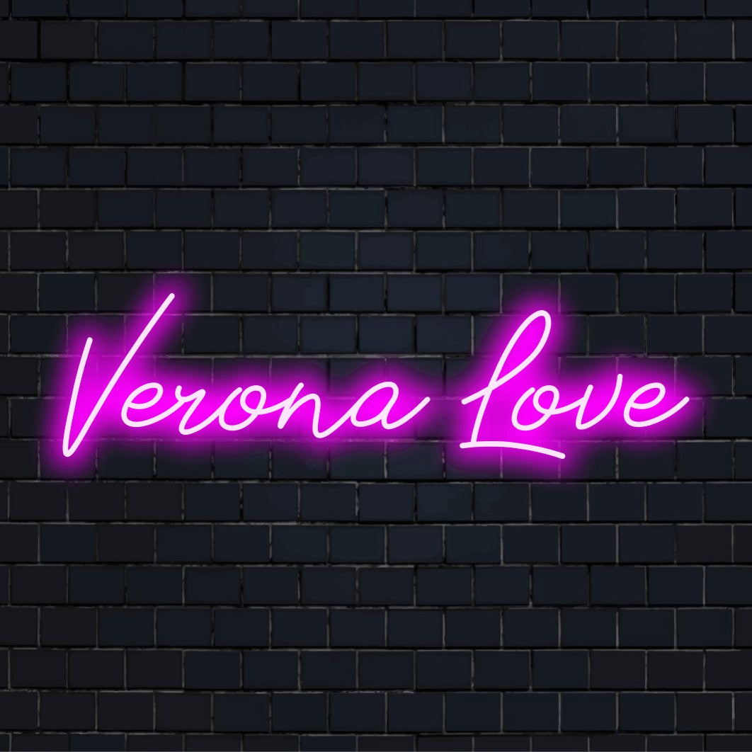 Verona Love Neon Sign, bright neon glow on black brick background