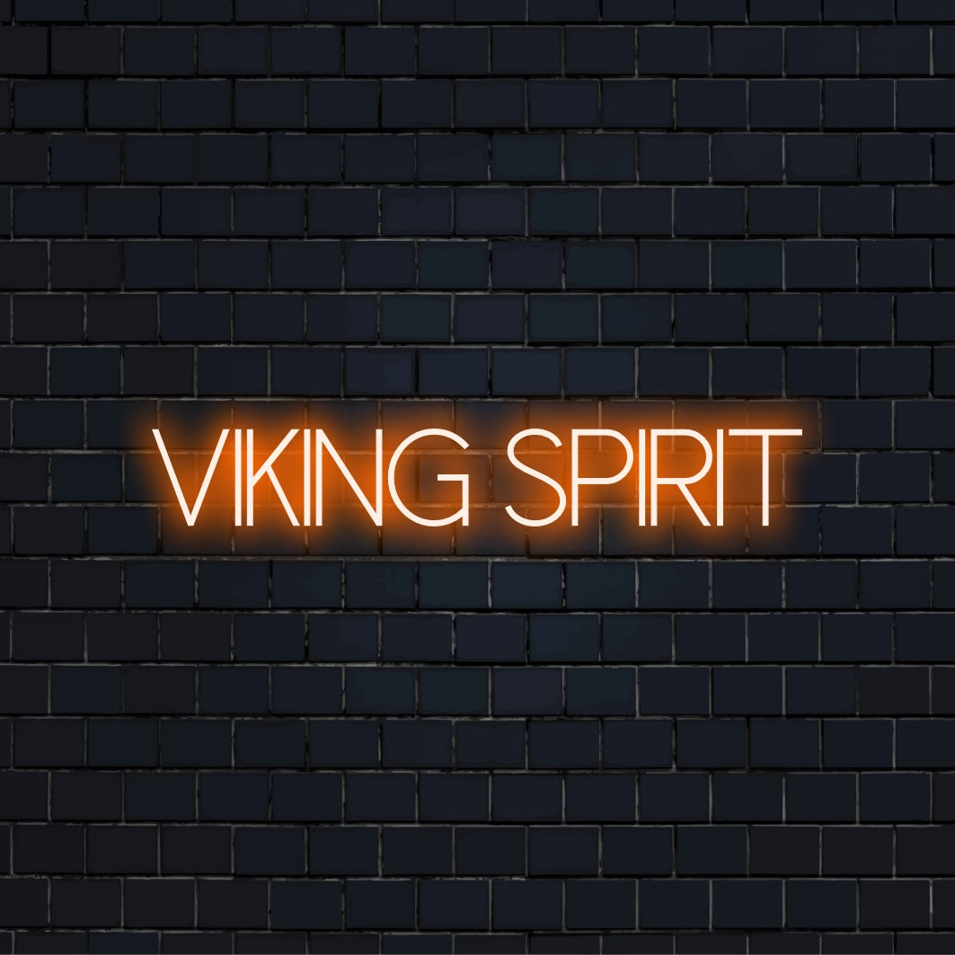 Viking Spirit Neon Sign, bright neon glow against brick backdrop