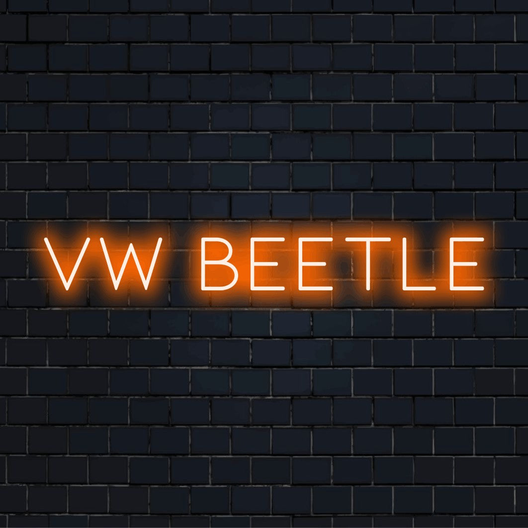 Vw Beetle Neon Sign, neon text light on dark brick background