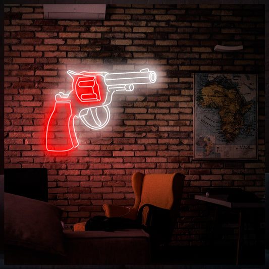 A captivating neon sign displaying a Western revolver, symbolizing the spirit of the Old West and adventure.