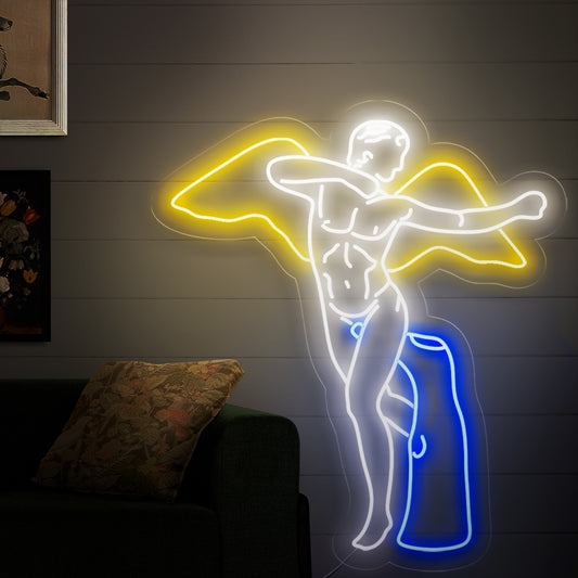 A captivating Winged Man Statue neon sign, featuring a dynamic sculpture of a man with wings.