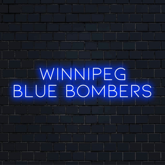 Winnipeg Blue Bombers Neon Sign, bright neon lettering on black brick background