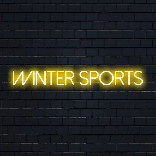 Winter Sports LED Neon Sign, neon text light on black brick background