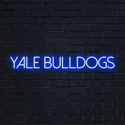 Yale Bulldogs Neon Sign, neon text light on dark brick background