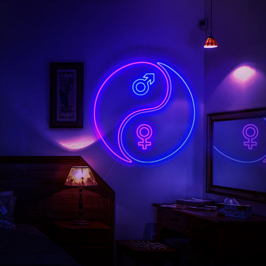A captivating neon sign showcasing the Yin and Yang symbol, depicting the harmonious balance between male and female energies.
