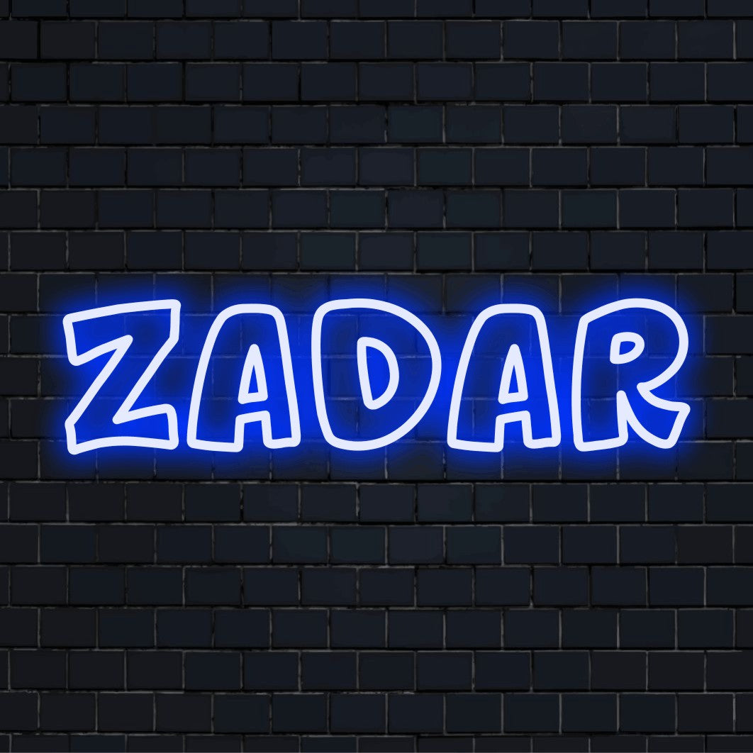 Zadar LED Neon Sign, glowing neon text against brick backdrop