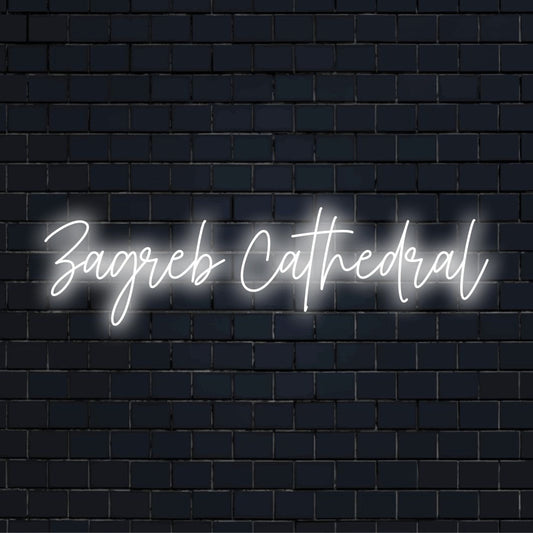 Zagreb Cathedral Neon Light with soft neon glow against brick backdrop