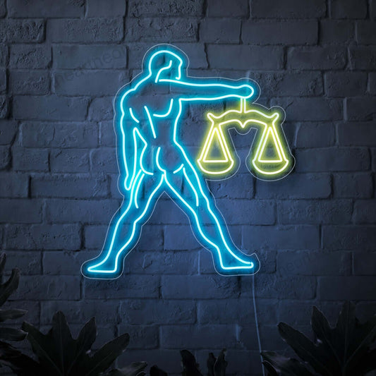 A captivating neon sign featuring the symbol of Libra, depicting a man holding the scales. This astrology-themed neon sign adds a touch of mystique and elegance to any space, emitting a vibrant and enchanting light. It represents the zodiac sign Libra, symbolizing balance, harmony, and justice.