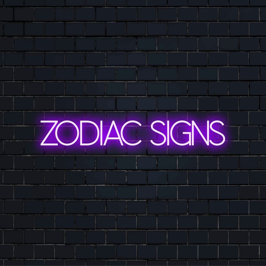 Zodiac Signs Neon Sign, glowing neon text on dark brick background