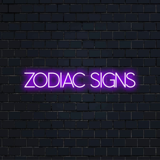 Zodiac Signs Neon Sign, glowing neon text on dark brick background